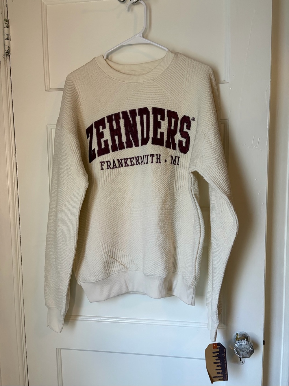 Cream Crewneck Sweater with Burgundy Logo